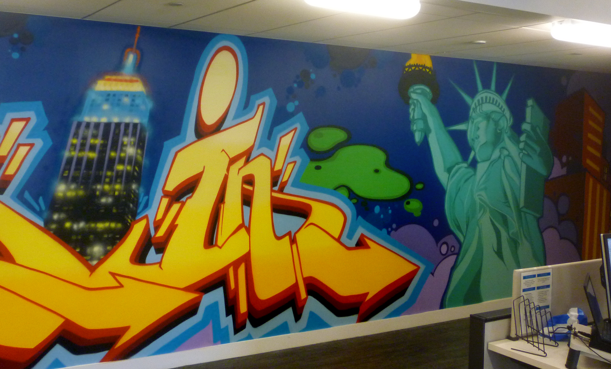 LinkedIn mural, Masterpiece NYC, masterpiece murals, hand painted mural, office mural, custom mural, mural, graffiti mural, graffiti artist for hire, graffiti mural, graffiti artist