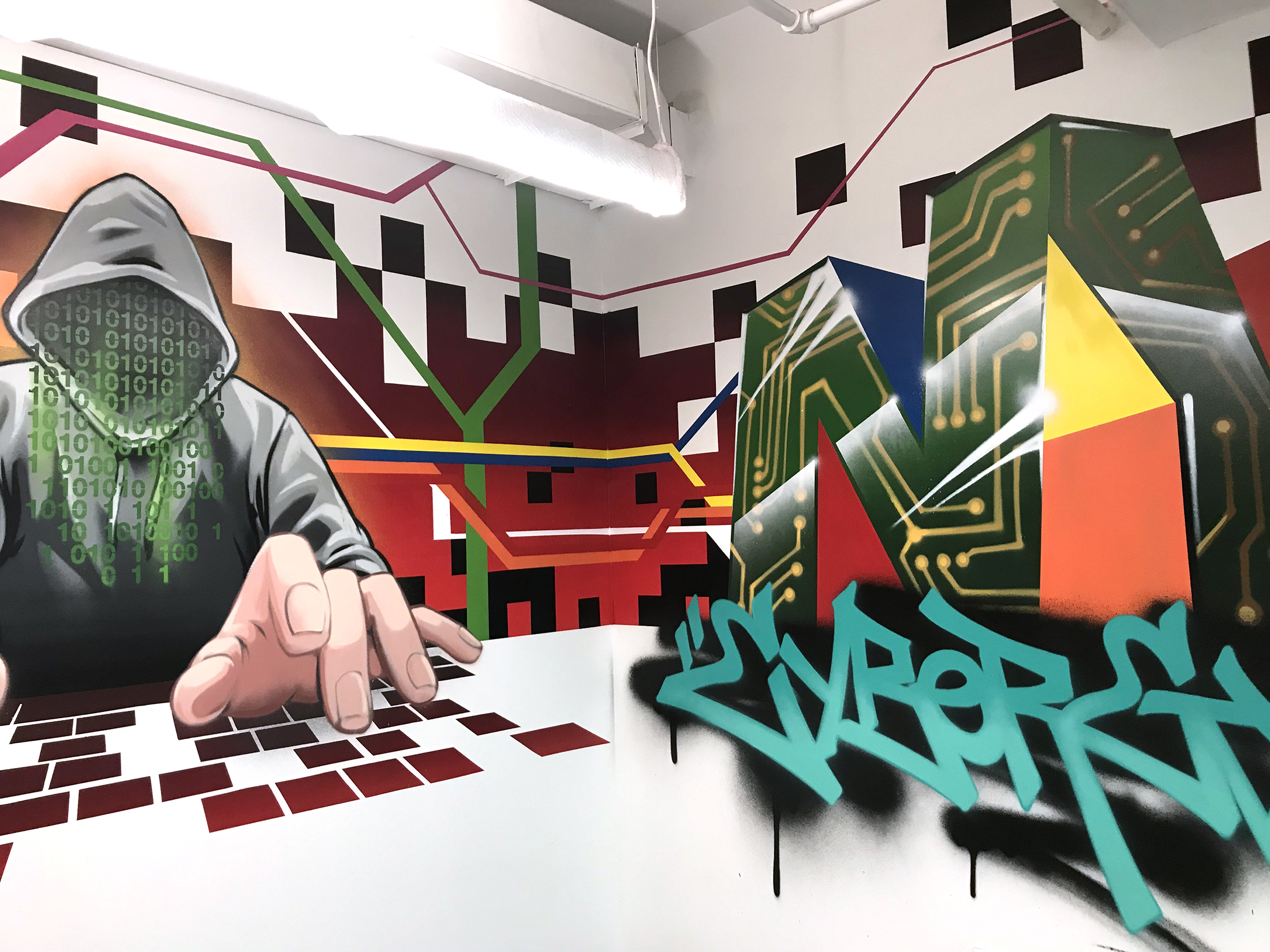 Cyber Gym, masterpiece murals, hand painted mural, office mural, custom mural, mural, graffiti mural, graffiti artist for hire, graffiti mural, graffiti artist