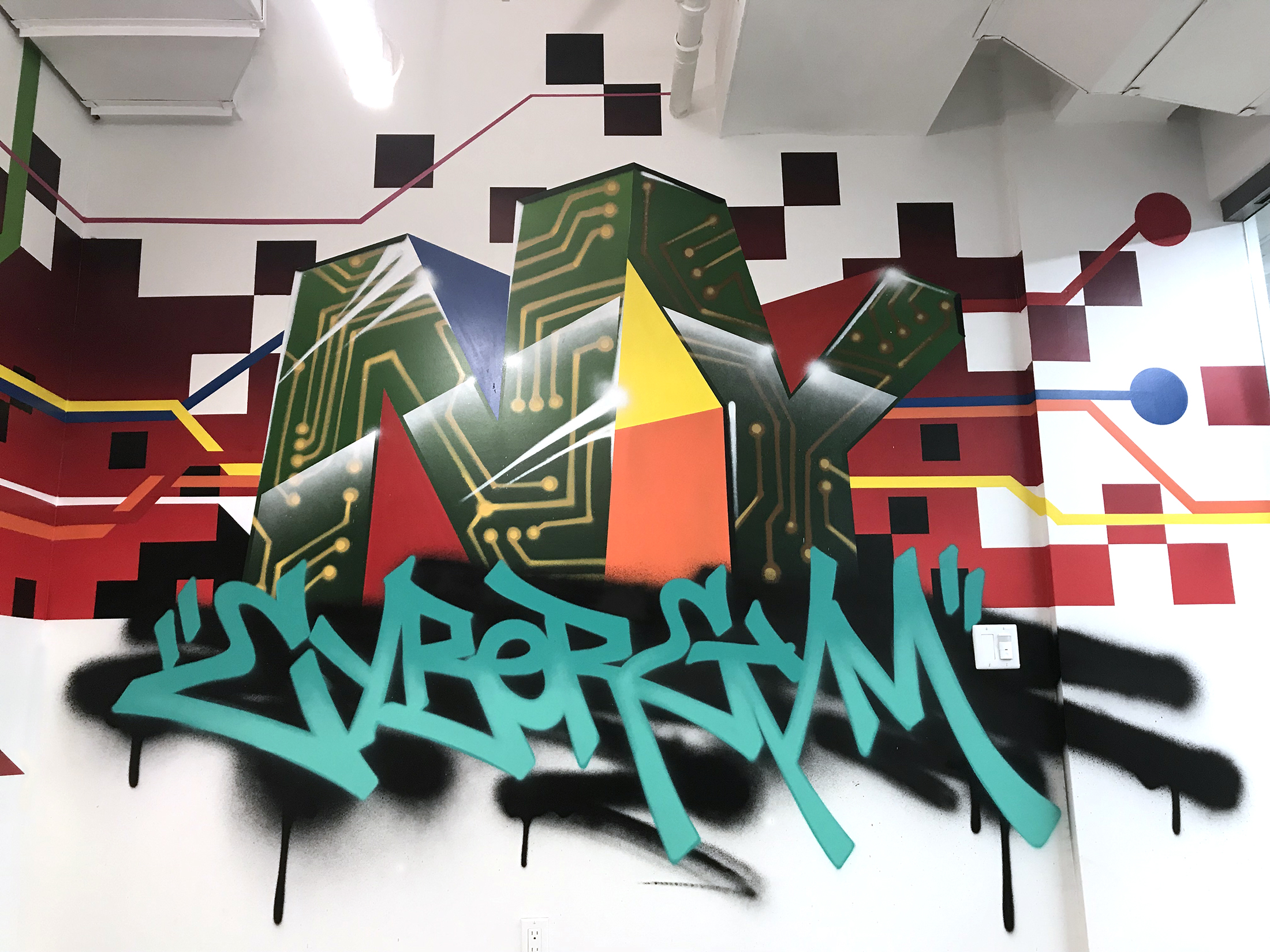 Cyber Gym, masterpiece murals, hand painted mural, office mural, custom mural, mural, graffiti mural, graffiti artist for hire, graffiti mural, graffiti artist